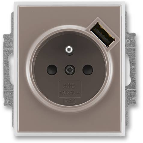 5569E-A02357 26 jednozásuvka Time s kolíkem a USB nabíjením lungo / mléčná bílá ABB