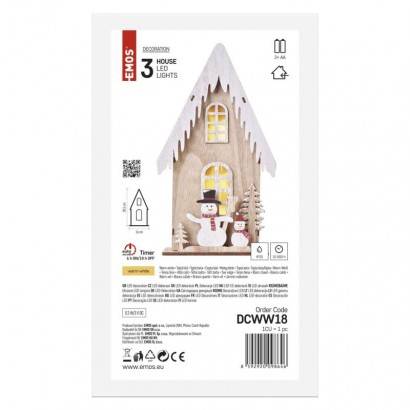 LED dekorace dřevěná – domek se sněhuláky, 28,5 cm, 2x AA, vnitřní, teplá bílá, časovač EMOS