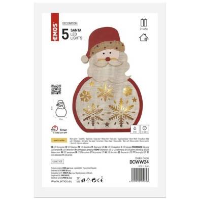 LED dekorace dřevěná – Santa, 30 cm, 2x AAA, vnitřní, teplá bílá, časovač EMOS