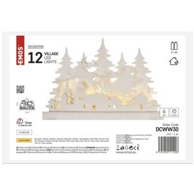 LED dekorace dřevěná – vánoční vesnička, 31 cm, 2x AA, vnitřní, teplá bílá, časovač EMOS