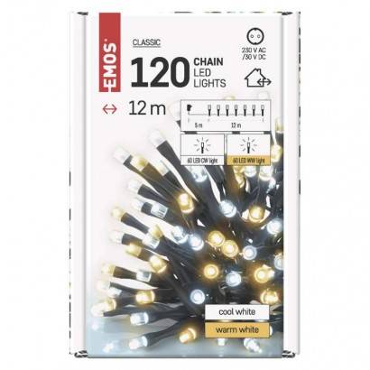 LED vánoční řetěz, 12 m, venkovní i vnitřní, teplá/studená bílá, časovač EMOS