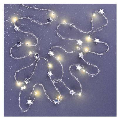 LED vánoční řetěz stříbrný – hvězdičky, 1,9 m, 2x AA, vnitřní, teplá bílá, časovač EMOS