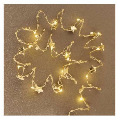 LED vánoční řetěz zlatý – hvězdičky, 1,9 m, 2x AA, vnitřní, teplá bílá, časovač EMOS