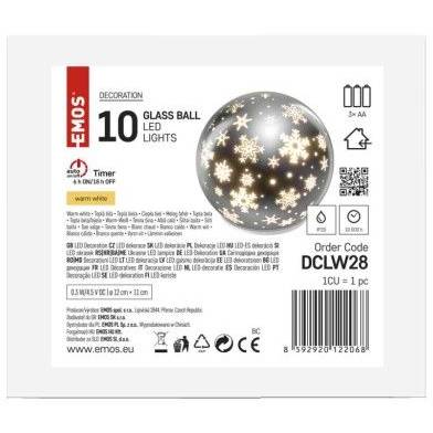 LED vánoční skleněná koule – vločky, 12 cm, 3x AA, vnitřní, teplá bílá, časovač EMOS