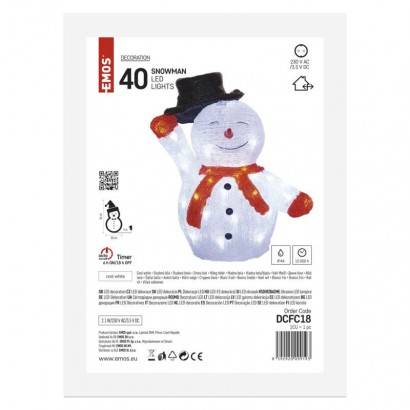 LED vánoční sněhulák s kloboukem, 36 cm, venkovní i vnitřní, studená bílá, časovač EMOS