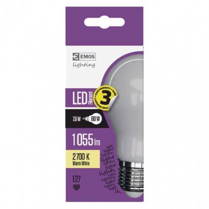 LED žárovka Filament mléčná A60 7,6W E27 teplá bílá EMOS