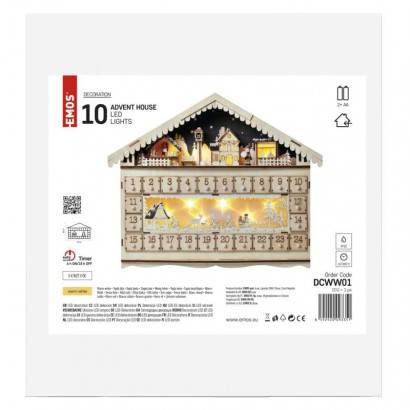 LED adventní kalendář dřevěný, 40x50 cm, 2x AA, vnitřní, teplá bílá, časovač EMOS Lighting