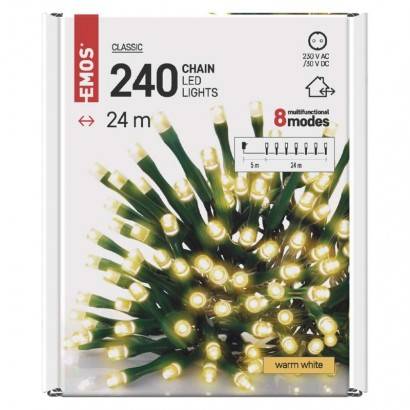 LED vánoční řetěz, 24 m, venkovní i vnitřní, teplá bílá, programy EMOS Lighting
