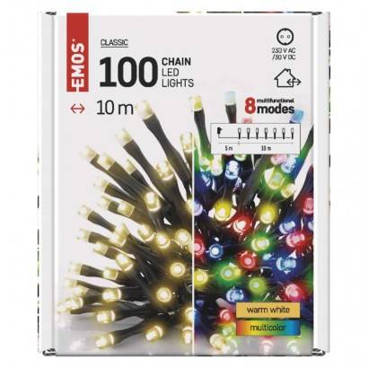 LED vánoční řetěz 2v1, 10 m, venkovní i vnitřní, teplá bílá/multicolor, programy EMOS Lighting