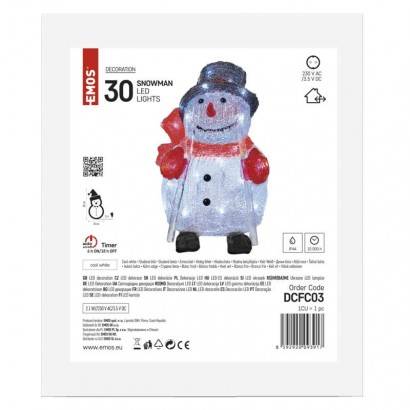 LED vánoční sněhulák, 28 cm, venkovní i vnitřní, studená bílá, časovač EMOS Lighting