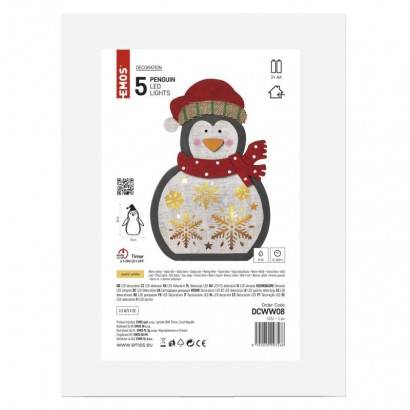 LED vánoční tučňák dřevěný, 30 cm, 2x AA, vnitřní, teplá bílá, časovač EMOS Lighting