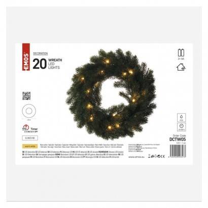 LED vánoční věnec, 40 cm, 2x AA, vnitřní, teplá bílá, časovač EMOS Lighting