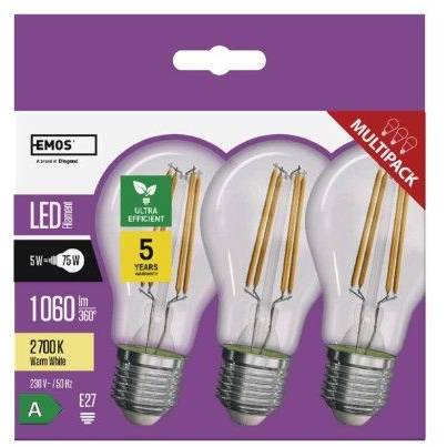 LED žárovka Filament A60 / E27 / 5 W (75 W) / 1 060 lm / teplá bílá EMOS Lighting