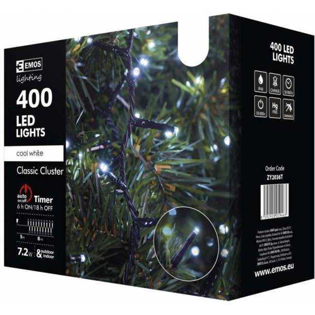 400 LED řetěz – ježek, 8m, studená bílá, časovač Emos