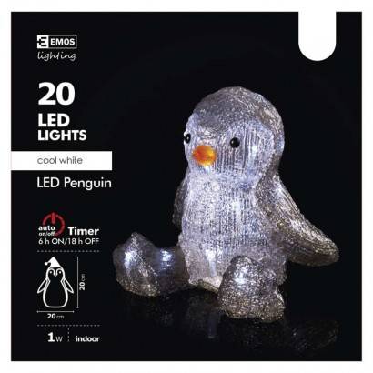 LED vánoční tučňák, 20cm, 3× AA, vnitřní, studená bílá, čas. EMOS Lighting